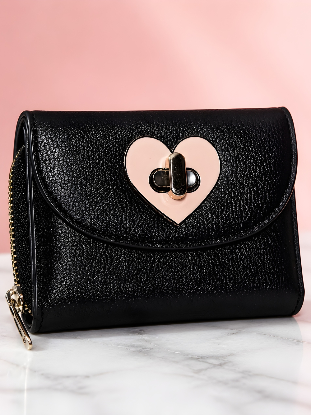 Black Faux Leather Wallet With Pink Metal Heart Accent.